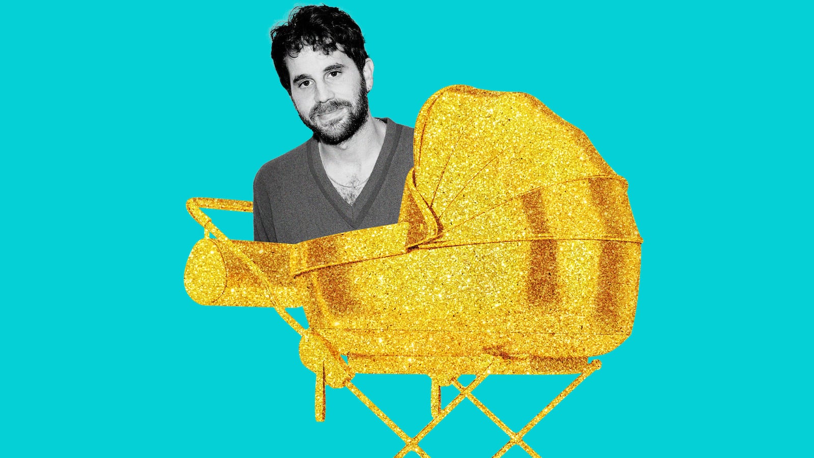 An illustration that includes a photo of Ben Platt and a Golden Stroller.