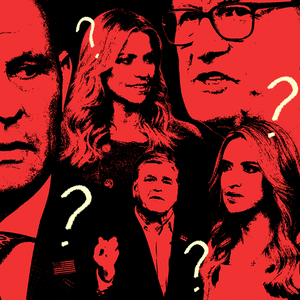 A photo illustration of Ainsley Earhardt, Brian Kilmeade, Steve Doocy, Sean Hannity and Kayleigh McEnany with question marks moving around them