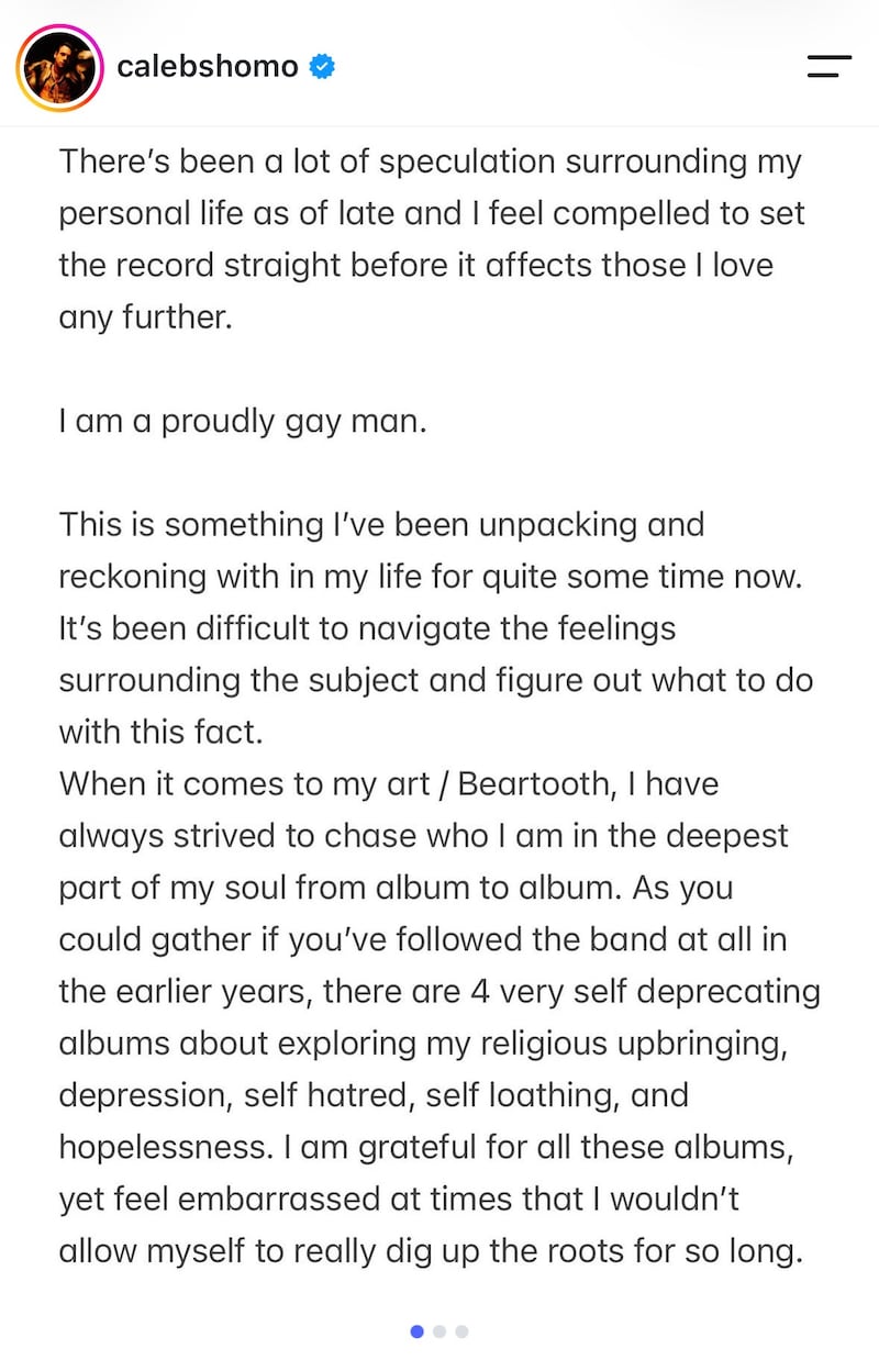 Caleb Shomo posted a statement to Instagram on May 23, telling followers he is a "proudly gay man."