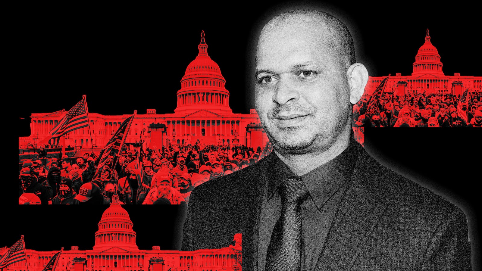 A photo illustration showing Sgt. Aquilino Gonell with the January 6th riots in the background.