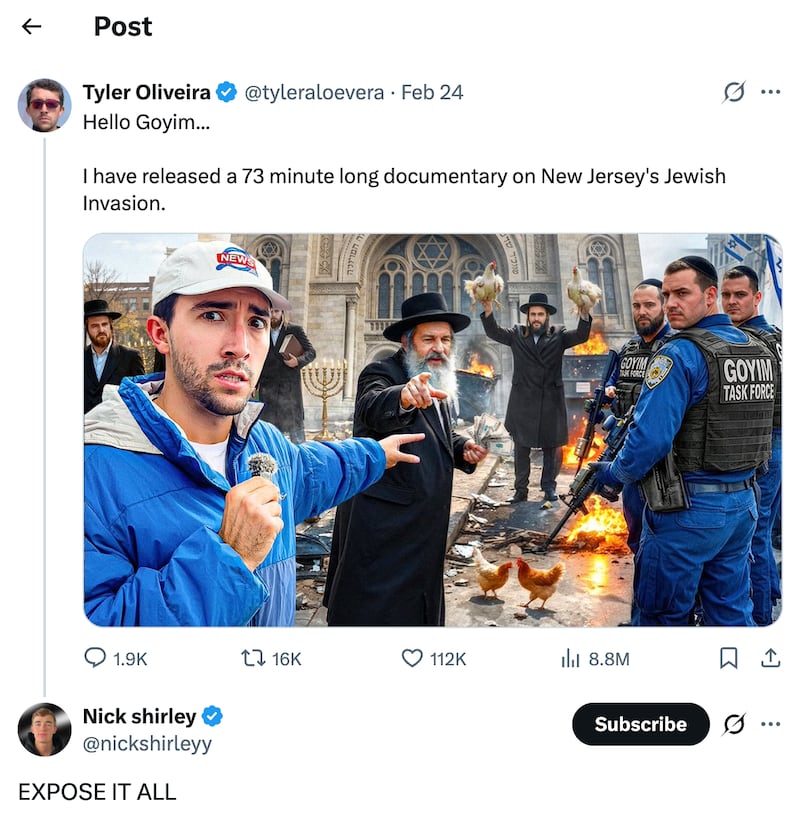 Screenshot of Nick Shirley's X reply to Tyler Oliveira.