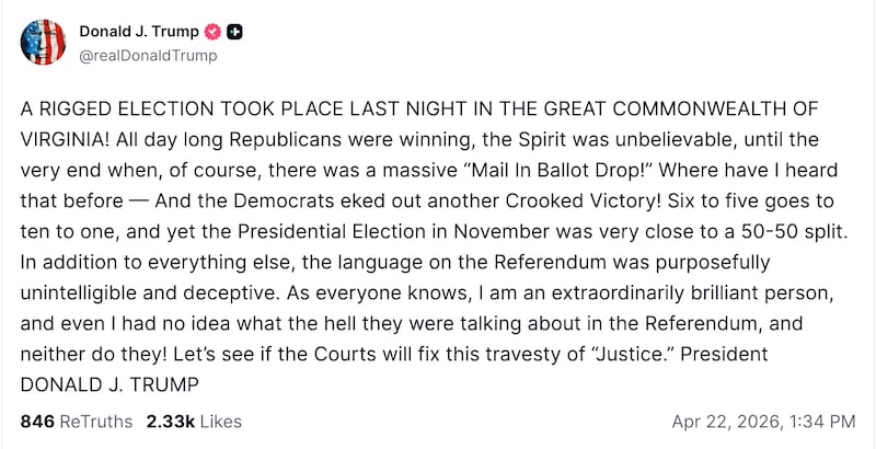 Trump ranted without evidence that the election in Virginia on Tuesday was "rigged" after voters delivered a sharp rebuke.