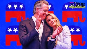 A photo illustration of California Gov. Gavin Newsom and Jennifer Siebel-Newsom in front of GOP elephants for The Swamp.