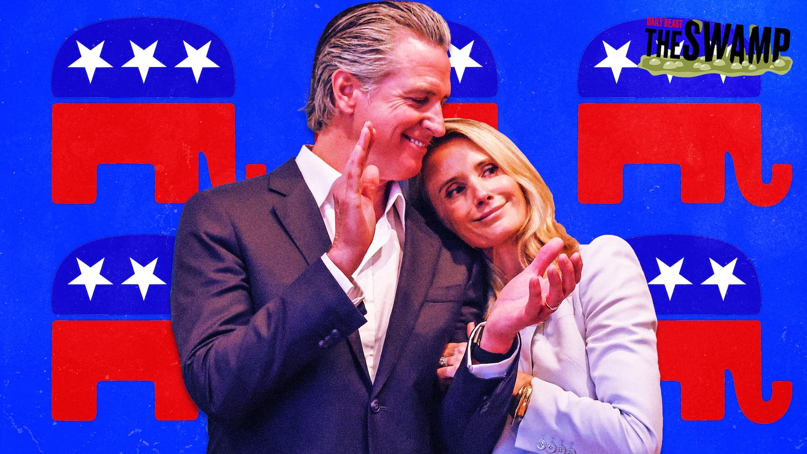 A photo illustration of California Gov. Gavin Newsom and Jennifer Siebel-Newsom in front of GOP elephants for The Swamp.