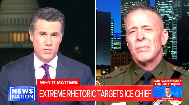 Gregory Bovino looks grim-faced as NewsNation host Leland Vittert tees up the Newsom clip.