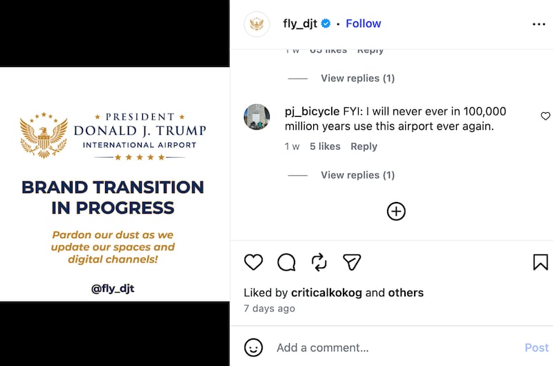 Screengrab of President Donald J. Trump International Airport's Instagram account.