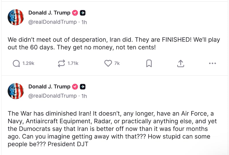 Trump posts about his Iran deal as it appears to be crumbling with talks postponed.