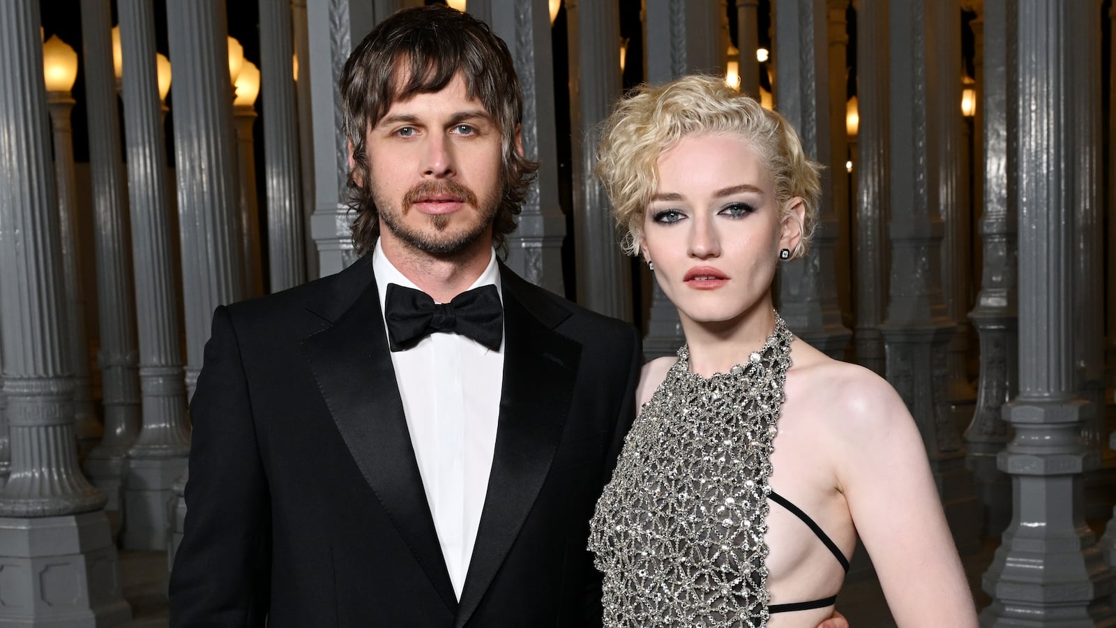 Mark Foster, wearing Gucci, and Julia Garner, wearing Gucci, attend the 2023 LACMA Art+Film Gala, Presented By Gucci at Los Angeles County Museum of Art on November 04, 2023 in Los Angeles, California.