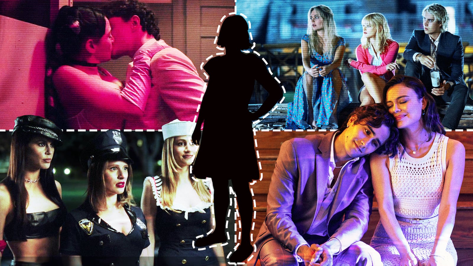 A photo illustration of production stills from Overcompensating, Motorheads, and We Were Liars.