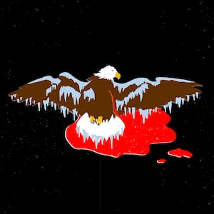 Illustration of a bald eagle that is dead, shot, and frozen in a puddle of blood