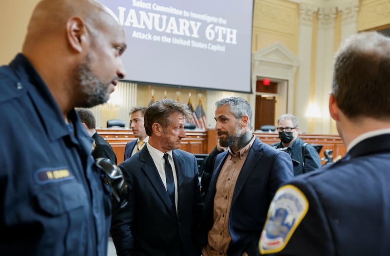 Actor Sean Penn, former Washington police officer Michael Fanone, Washington Metropolitan police officer Harry Dunn and Metropolitan Police officer Daniel Hodges speak after the conclusion of the fifth of eight planned public hearings of the U.S. House Select Committee to investigate the January 6 Attack on the U.S. Capitol.