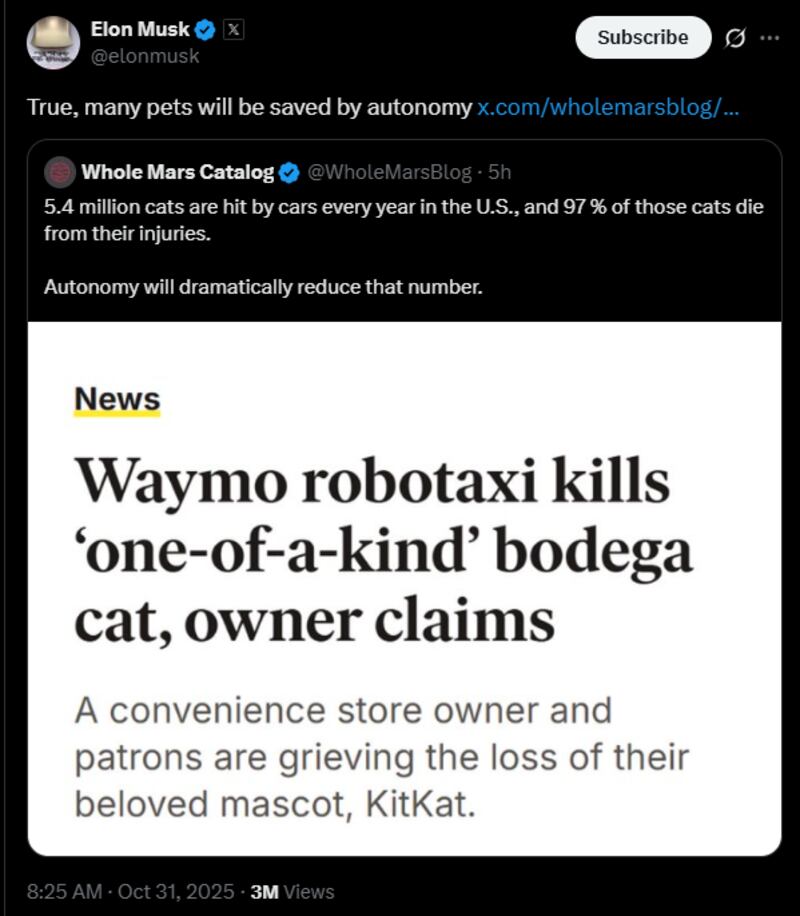 Elon Musk used the opportunity to shill self-driving cars.