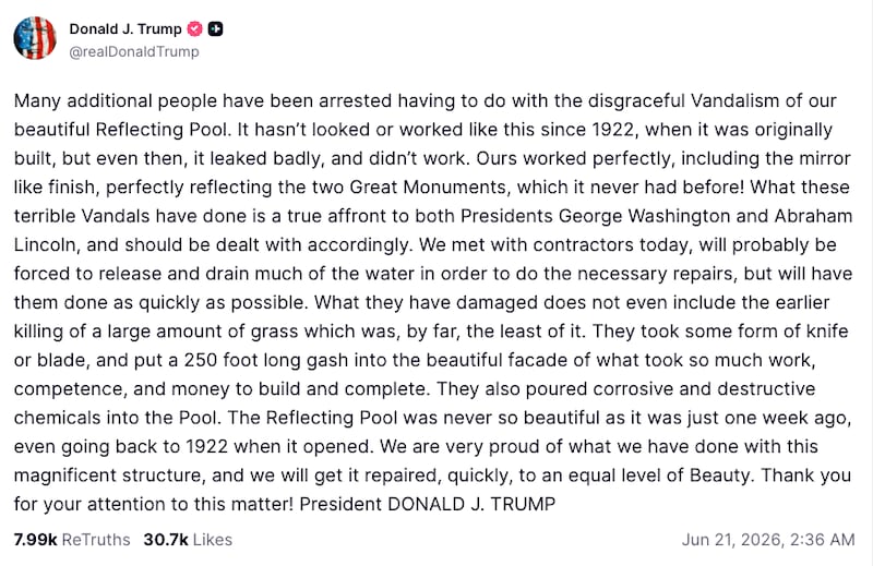 President Trump's Truth Social about the supposed 250-foot gash.