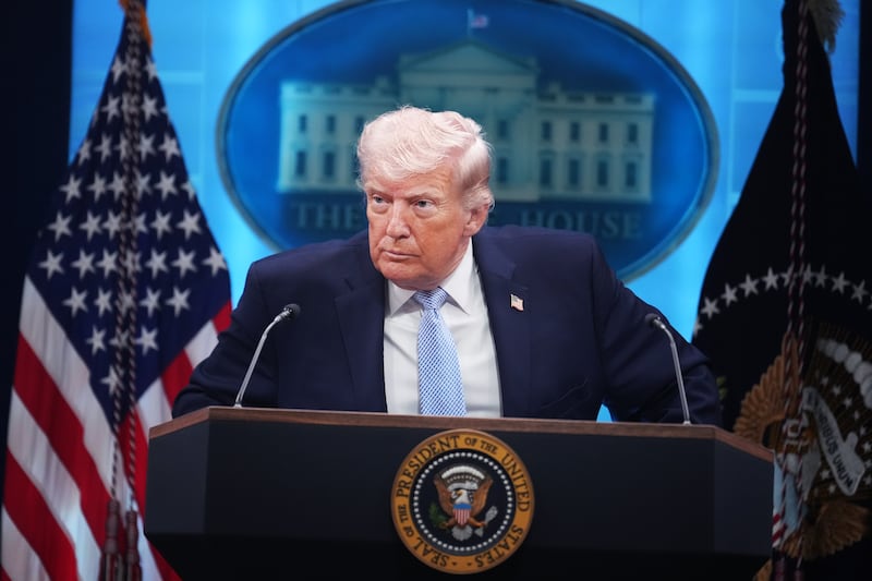 President Donald Trump conducts a news conference in the White House briefing room about the war in Iran on Monday, April 6, 2026.