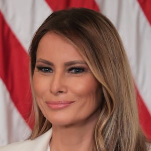 First lady Melania Trump looks on during the unveiling of a U.S. Postal Service stamp honoring former first lady Barbara Bush in the East Room at the White House on May 08, 2025 in Washington, DC. The stamp honors Bush, whose husband was President George H.W. Bush, and son was President George W. Bush. Barbara Bush passed away in 2018 at the age of 92.