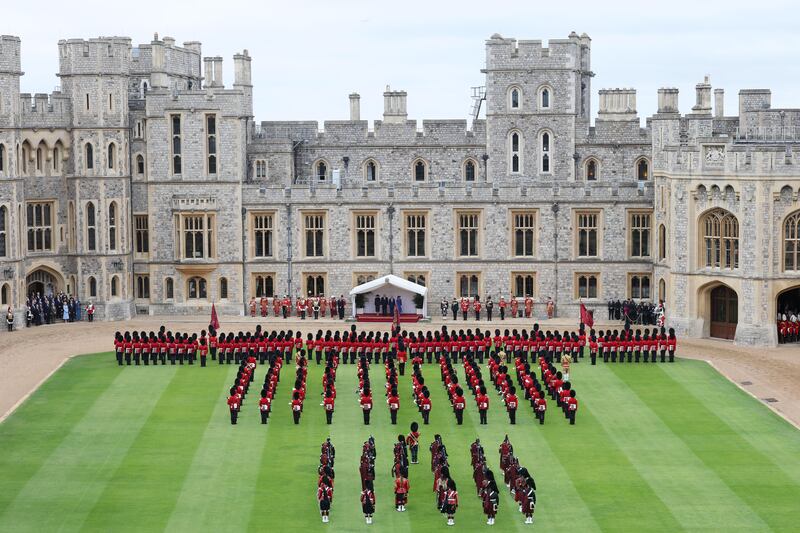 WINDSOR, ENGLAND - SEPTEMBER 17: Catherine, Princess of Wales, Prince William, Prince of Wales, First Lady Melania Trump, U.S. President Donald Trump, King Charles III and Queen Camilla during the State visit by the President of the United States of America at Windsor Castle on September 17, 2025 in Windsor, England. (Photo by Chris Jackson/Getty Images)