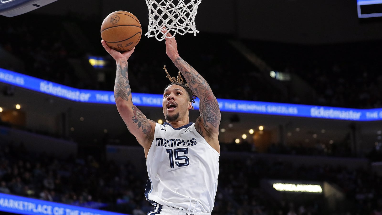 Brandon Clarke #15 of the Memphis Grizzlies goes to the basket during the second half against the Atlanta Hawks at FedExForum on March 03, 2025 in Memphis, Tennessee.