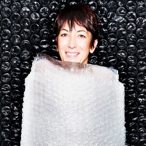 A photo illustration of Ghislaine Maxwell in bubble wrap.