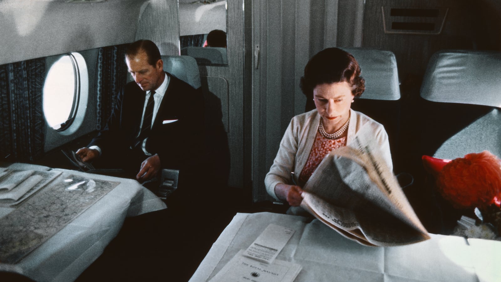 Queen Elizabeth II and Prince Philip in flight.