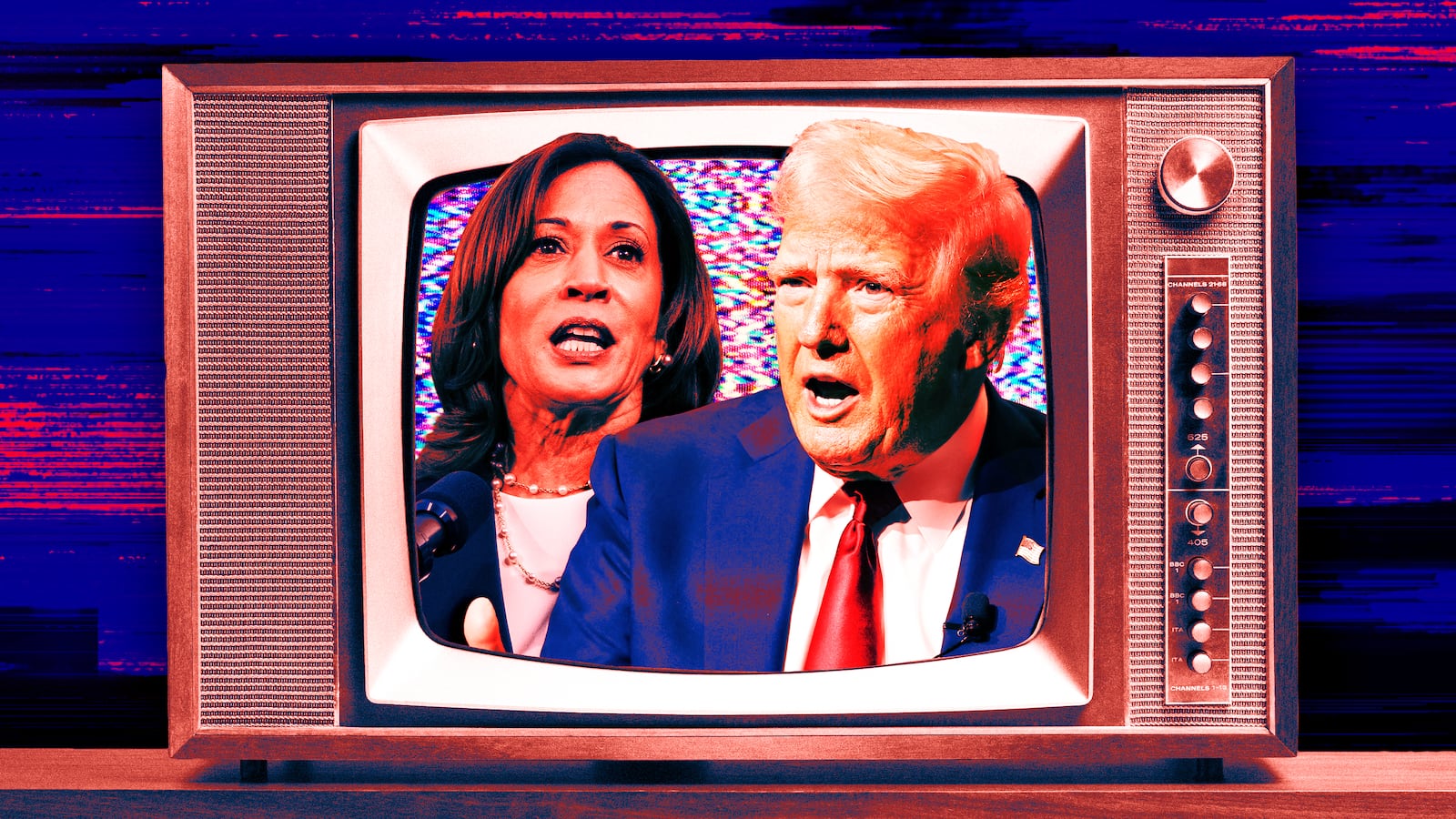 A photo illustration of Kamala Harris and Donald Trump and a television.