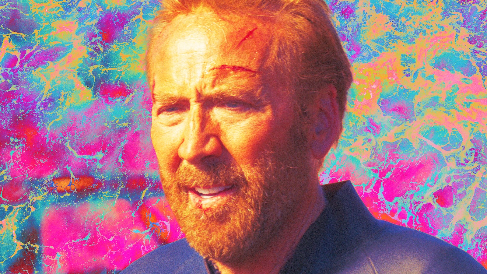 A photo illustration of Nicolas Cage in The Surfer.