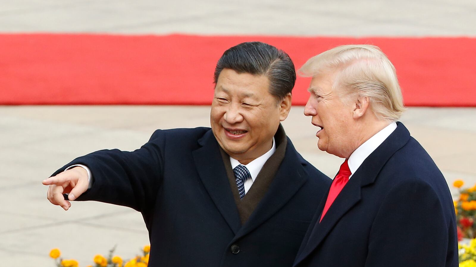 Chinese President Xi Jinping and U.S. President Donald Trump attend a welcoming ceremony November 9, 2017 in Beijing, China. Trump is on a 10-day trip to Asia.