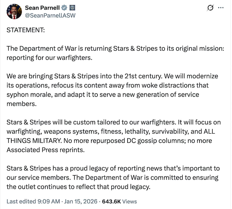 Sean Parnell's statement in January about Stars and Stripes.