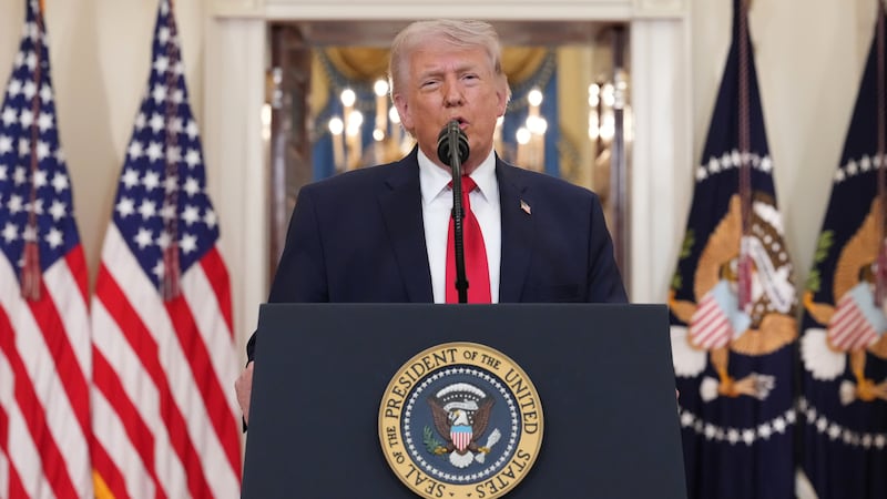 President Donald Trump speaks from the Cross Hall of the White House on April 1, 2026 in Washington, DC. Trump used the prime-time address to update the nation on the war in Iran.