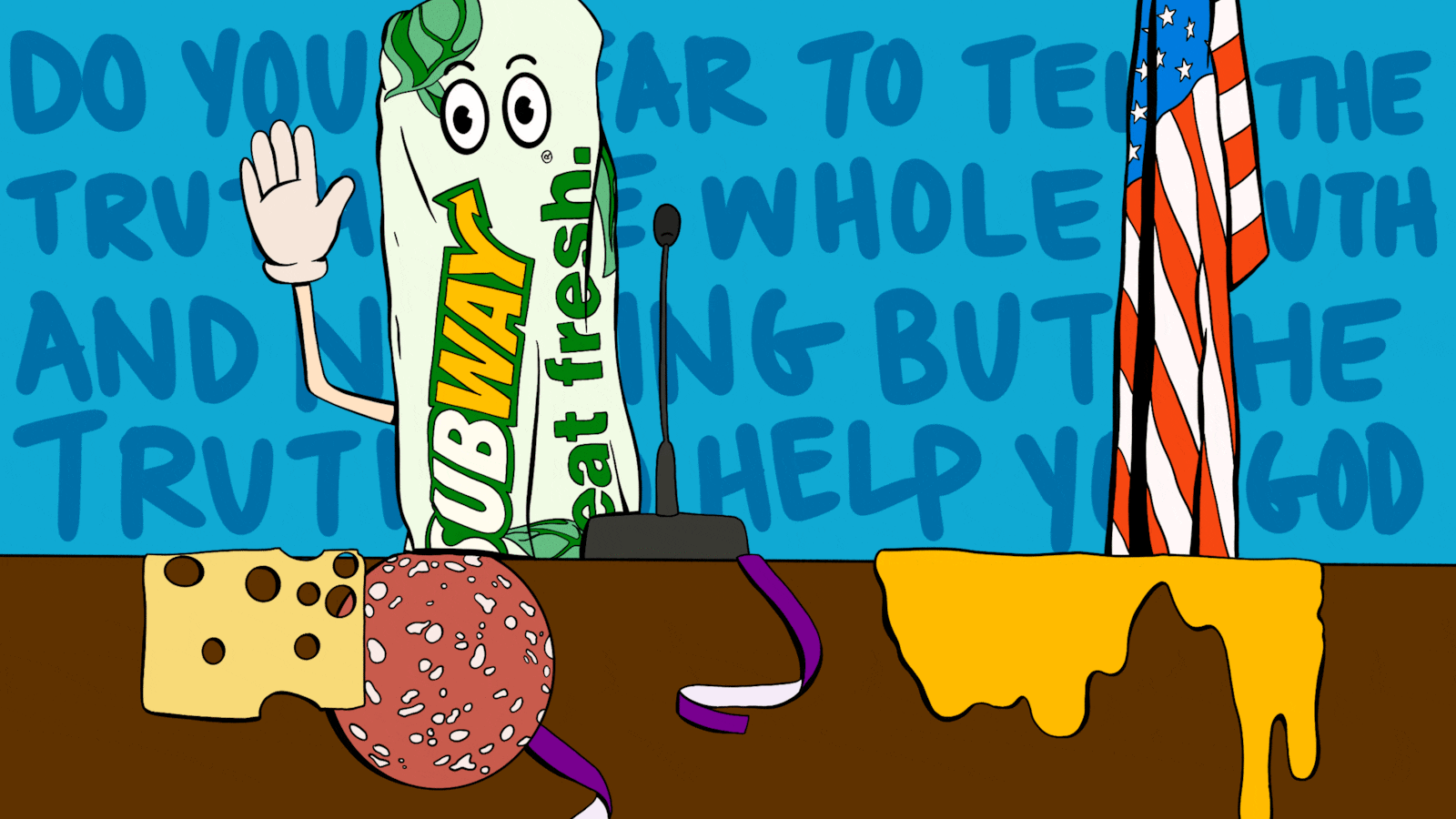 Drawing of a subway sandwich testifying on a witness stand