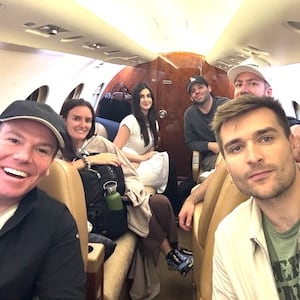 Alex Bruesewitz (R) with his friends, including Sarah Gaither, at the back, but no sign of her dog.