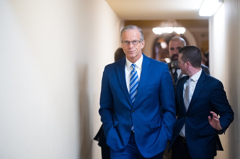Senate Majority Leader John Thune speaks to reporters as he returns from the Senate floor to his office in the U.S. Capitol on Tuesday, March 24, 2026.