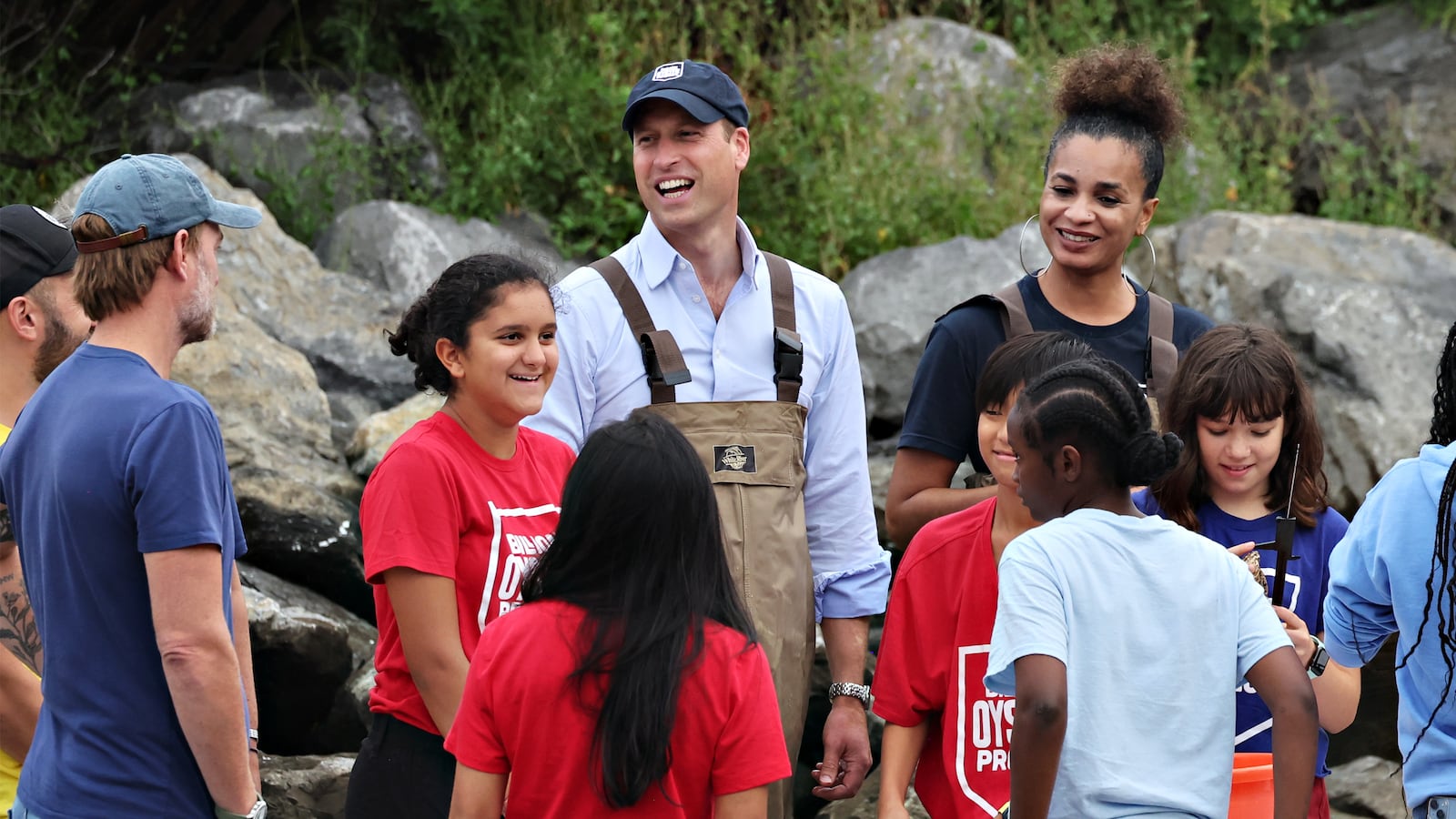 William, Prince of Wales speaks with kids as he visits Billion Oyster Project in New York City.