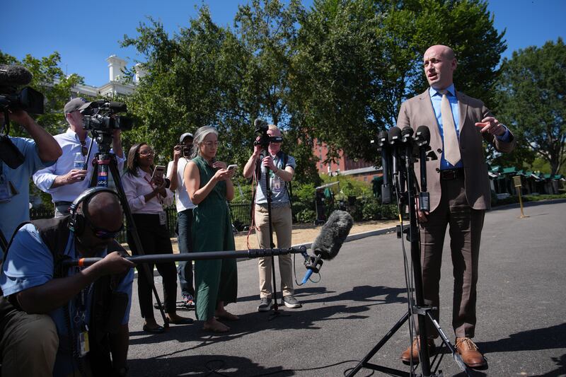 White House Deputy Chief Of Staff Stephen Miller speaks to members of the media outside the White House on August 29, 2025.