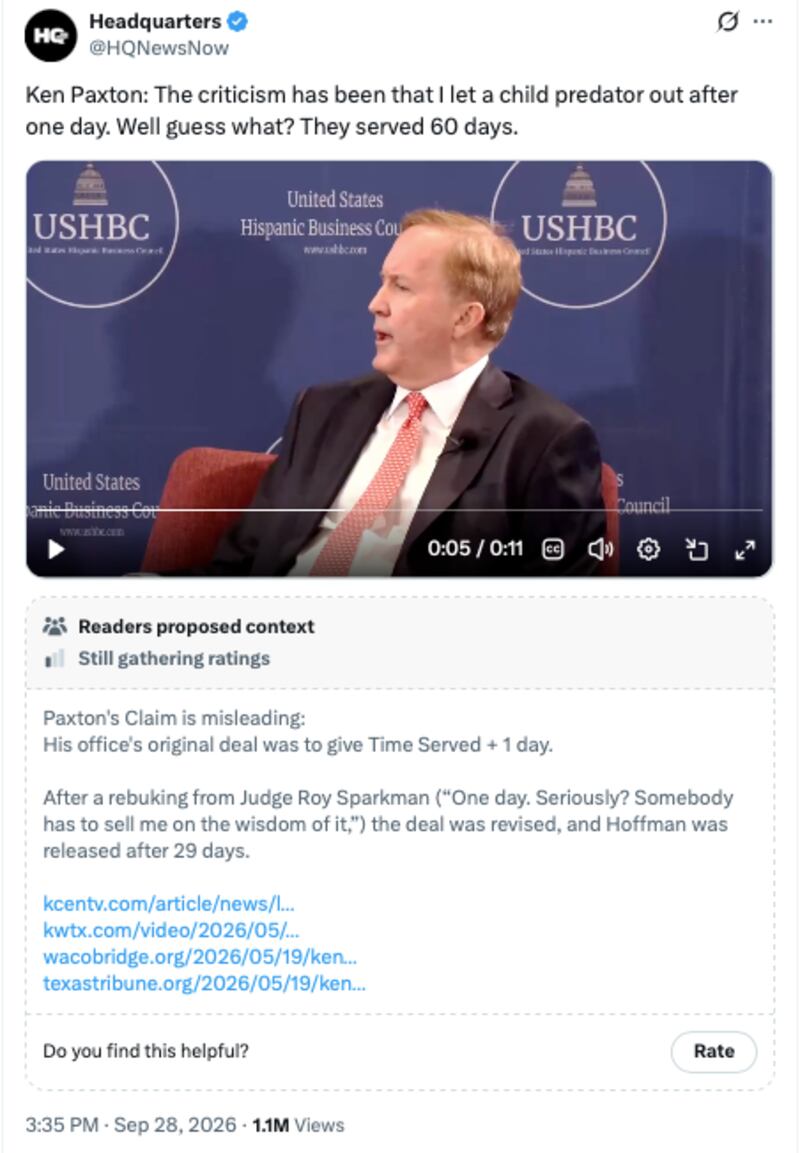 Paxton's comment was labeled "misleading."