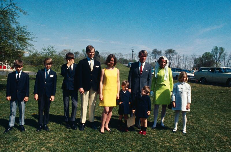 (Original Caption) Senator and Mrs. Robert Kennedy pose with their children after attending Easter Mass. at St.Lukes Catholic Church in nearby McLean, VA. Left to right: Michael: David: Robert: Joseph: Kathleen; Matthew: Kennedy: Christopher: Mrs. Kennedy: And Mary.