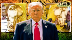 A photo illo illustration of Donald Trump for The Swamp, and the painting of the historic Arts of War and Arts of Peace statues in DC.