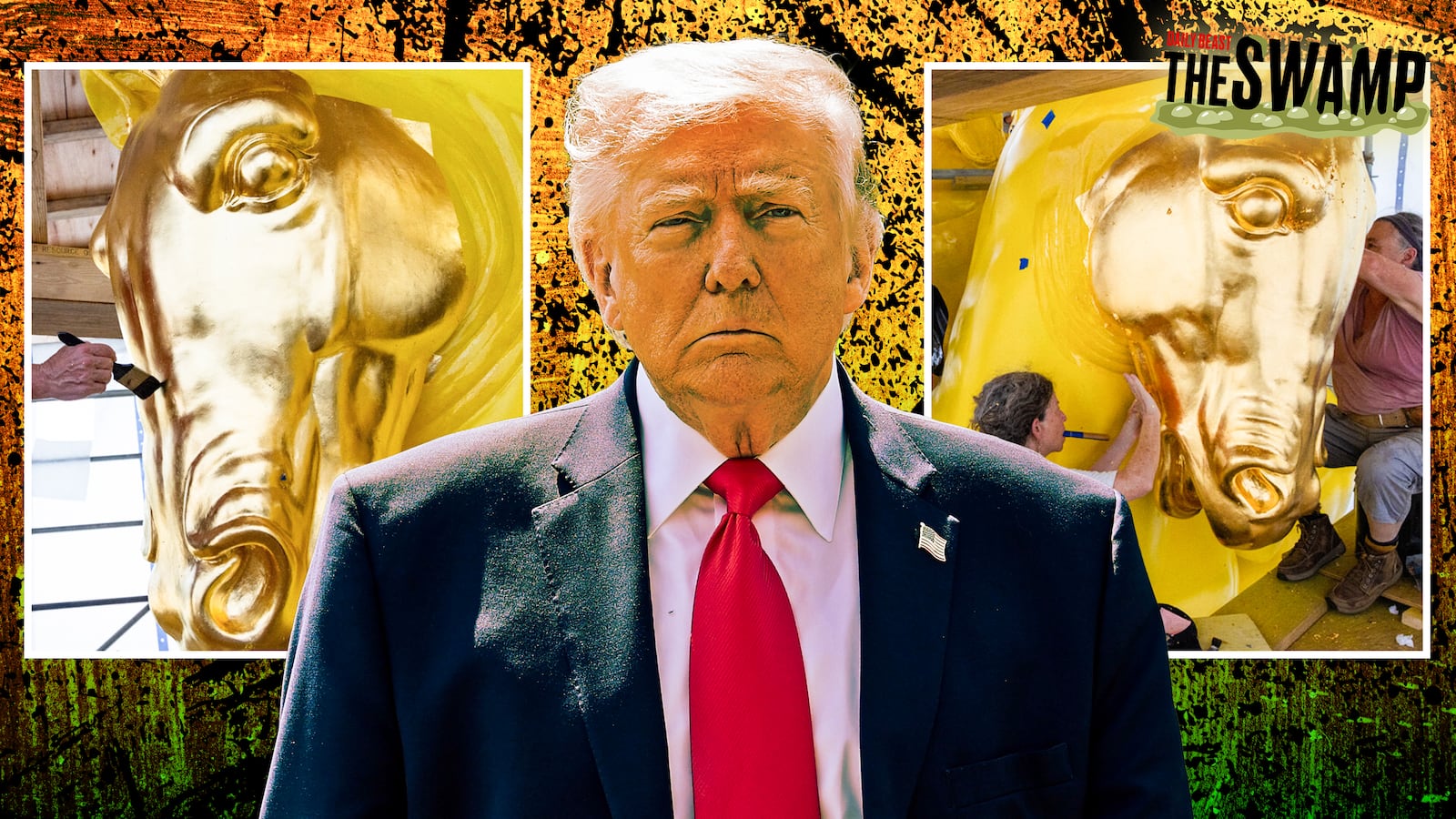 A photo illo illustration of Donald Trump for The Swamp, and the painting of the historic Arts of War and Arts of Peace statues in DC.