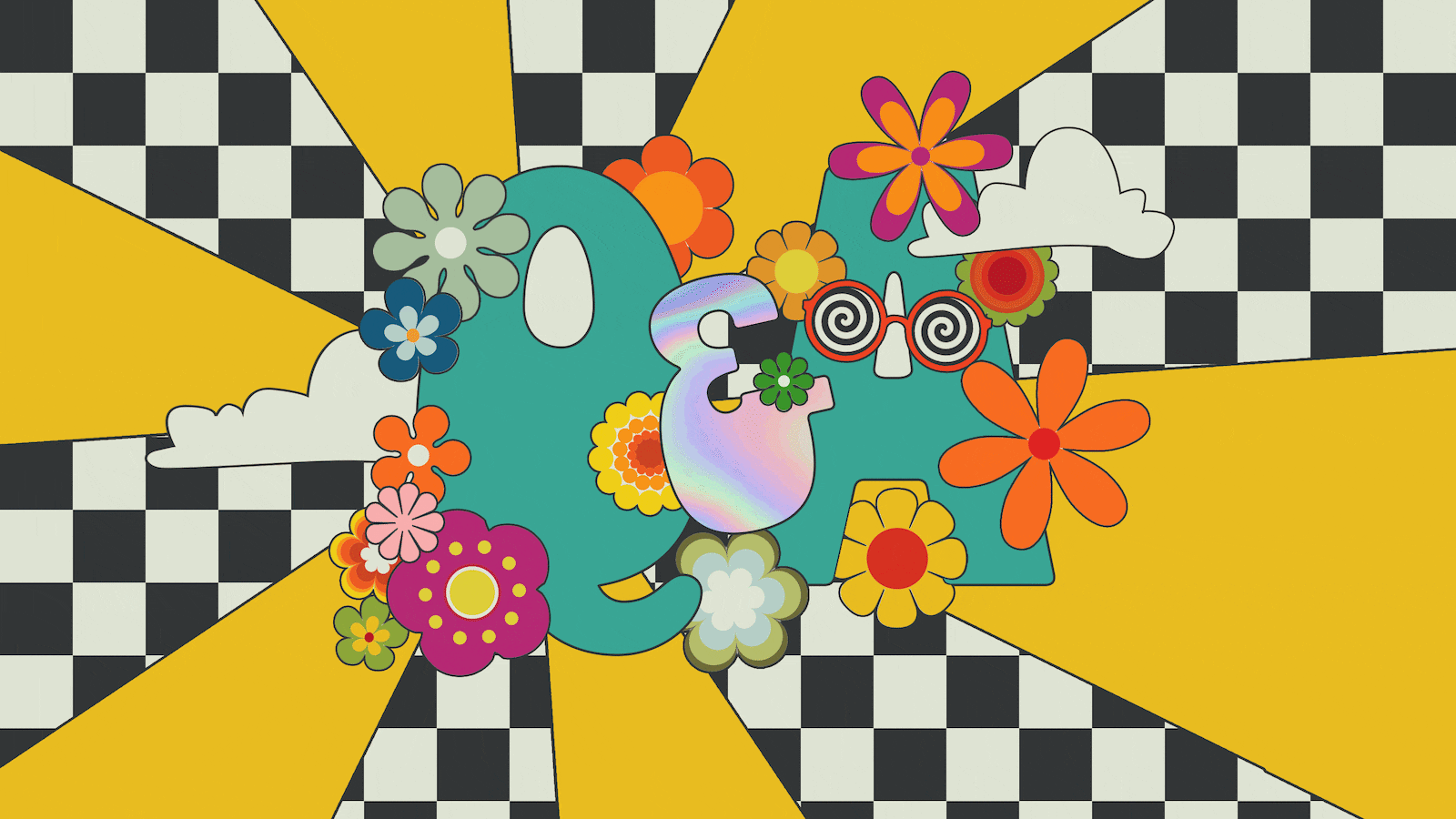 A psychedelic illustration of cartoon flowers, clouds and sunbeams.