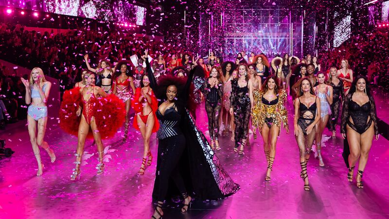 BROOKLYN, NEW YORK - OCTOBER 15: Tyra Banks and models walk the runway during the Victoria's Secret Fashion Show 2024 at Duggal Greenhouse on October 15, 2024 in Brooklyn, New York.