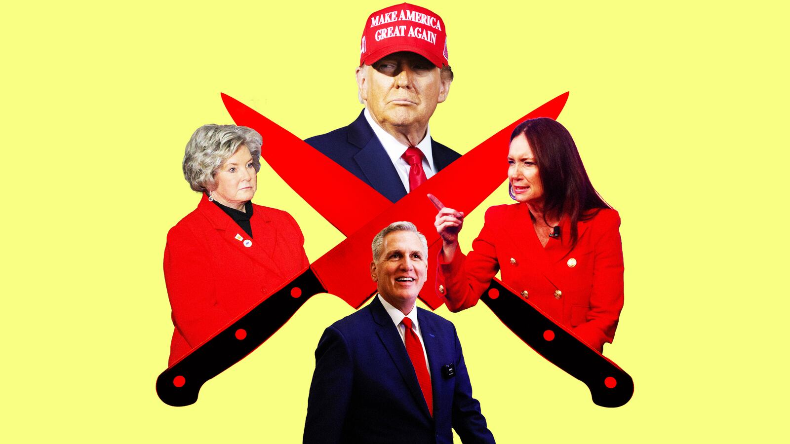 A photo illustration of Susie Wiles, Donald Trump, Kevin McCarthy, and Brooke Rollins and knives.