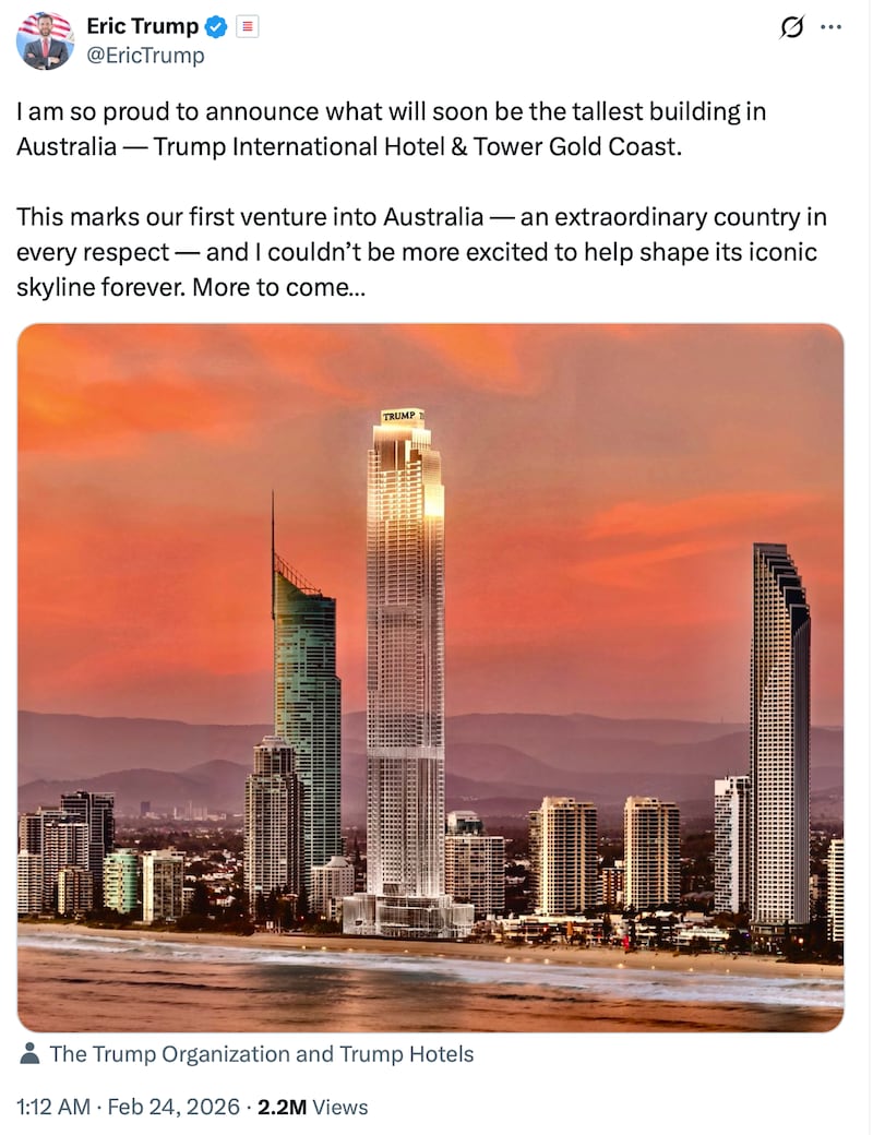 Eric Trump posts about a Trump Tower in Australia in February.