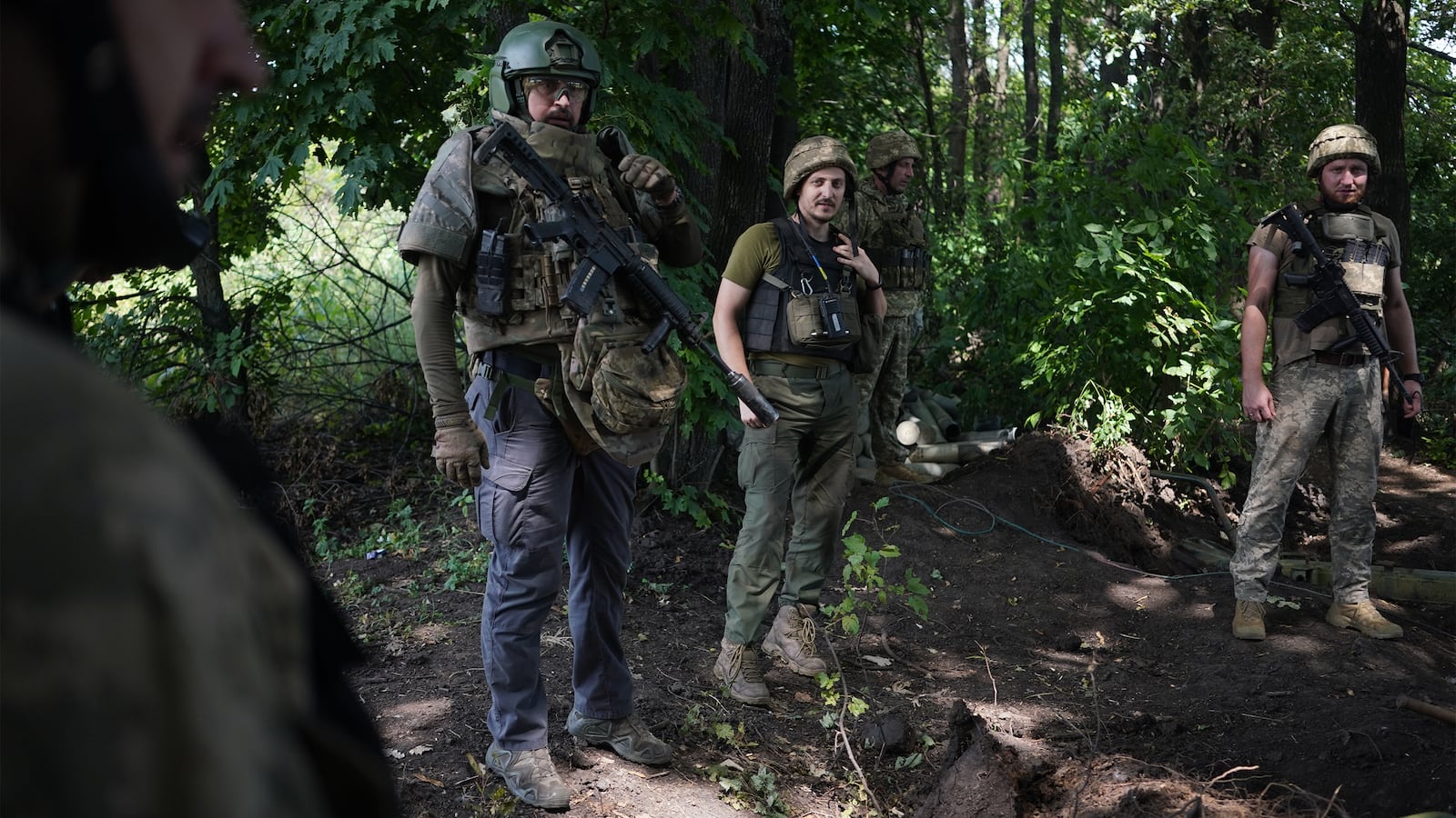 A photo of Ukrainian soldiers of the Bohun brigade near the Russian lines in Lyman, Ukraine.