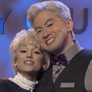 Ariana Grande and Bowen Yang on 'Saturday Night Live' on Saturday, December 20, 2025, for Yang's last show as a cast member.