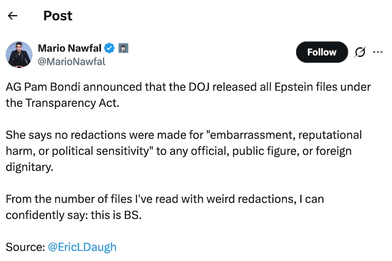 "This is BS," Mario Nawfal shared with his 3 million X followers on Sunday.