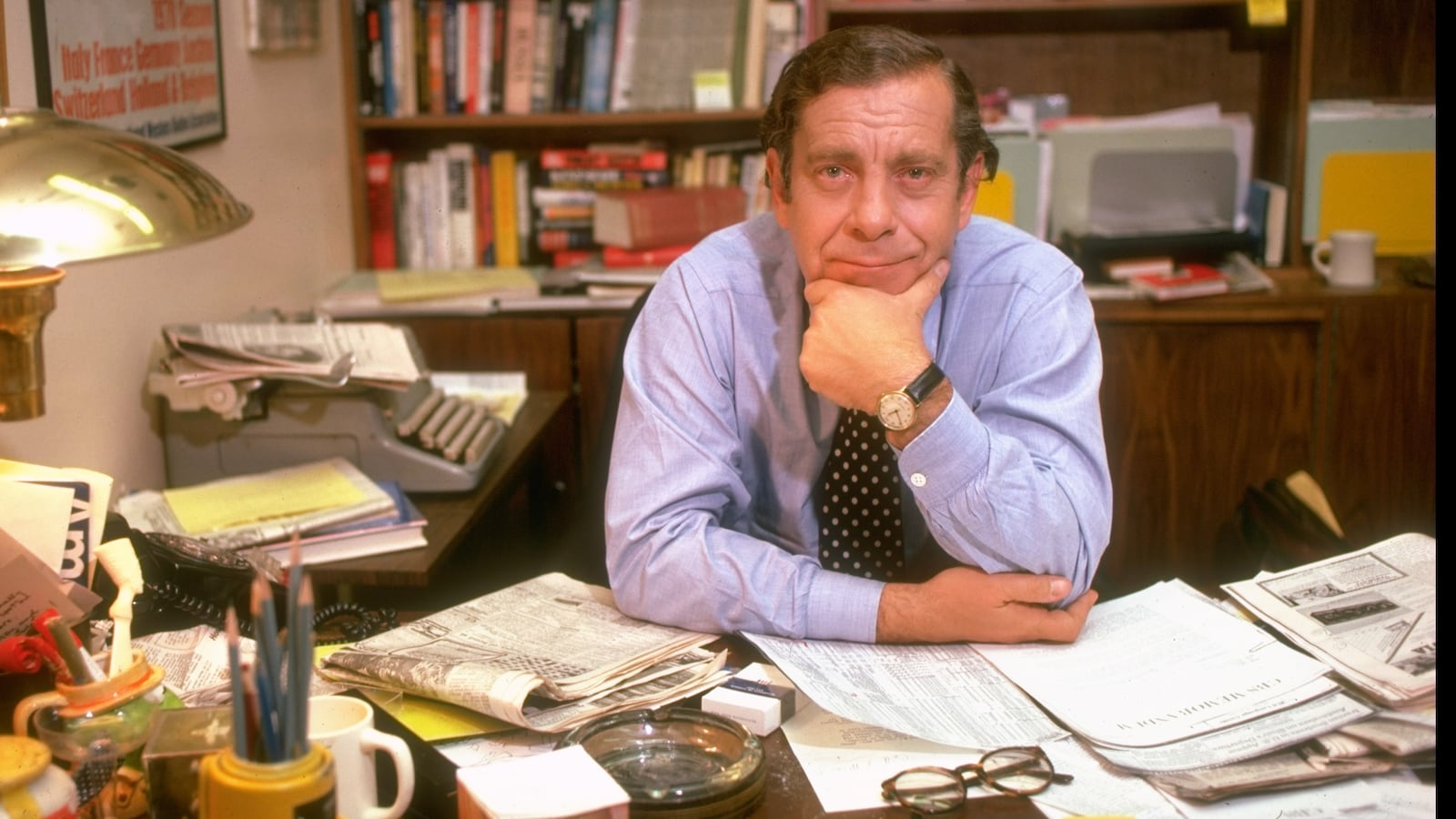60 Minutes broadcast journalist Morley Safer at his desk in his office at CBS offices.