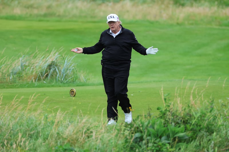 U.S. President Donald Trump gestures as he golfs at Trump Turnberry resort in Turnberry, Scotland, Britain, July 27, 2025. REUTERS/Phil Noble