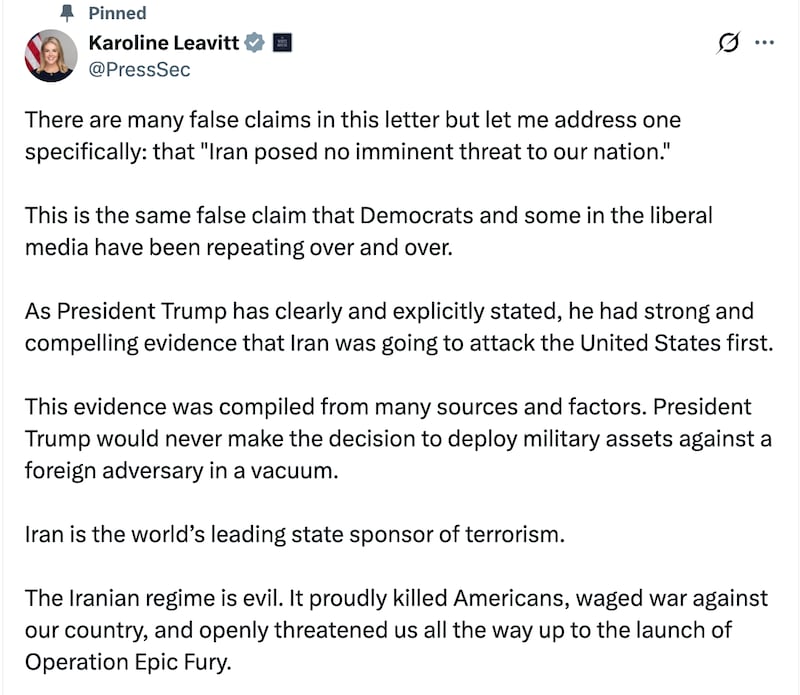 Leavitt insisted Joe Kent's accusations that there was no imminent threat from Iran was not true.