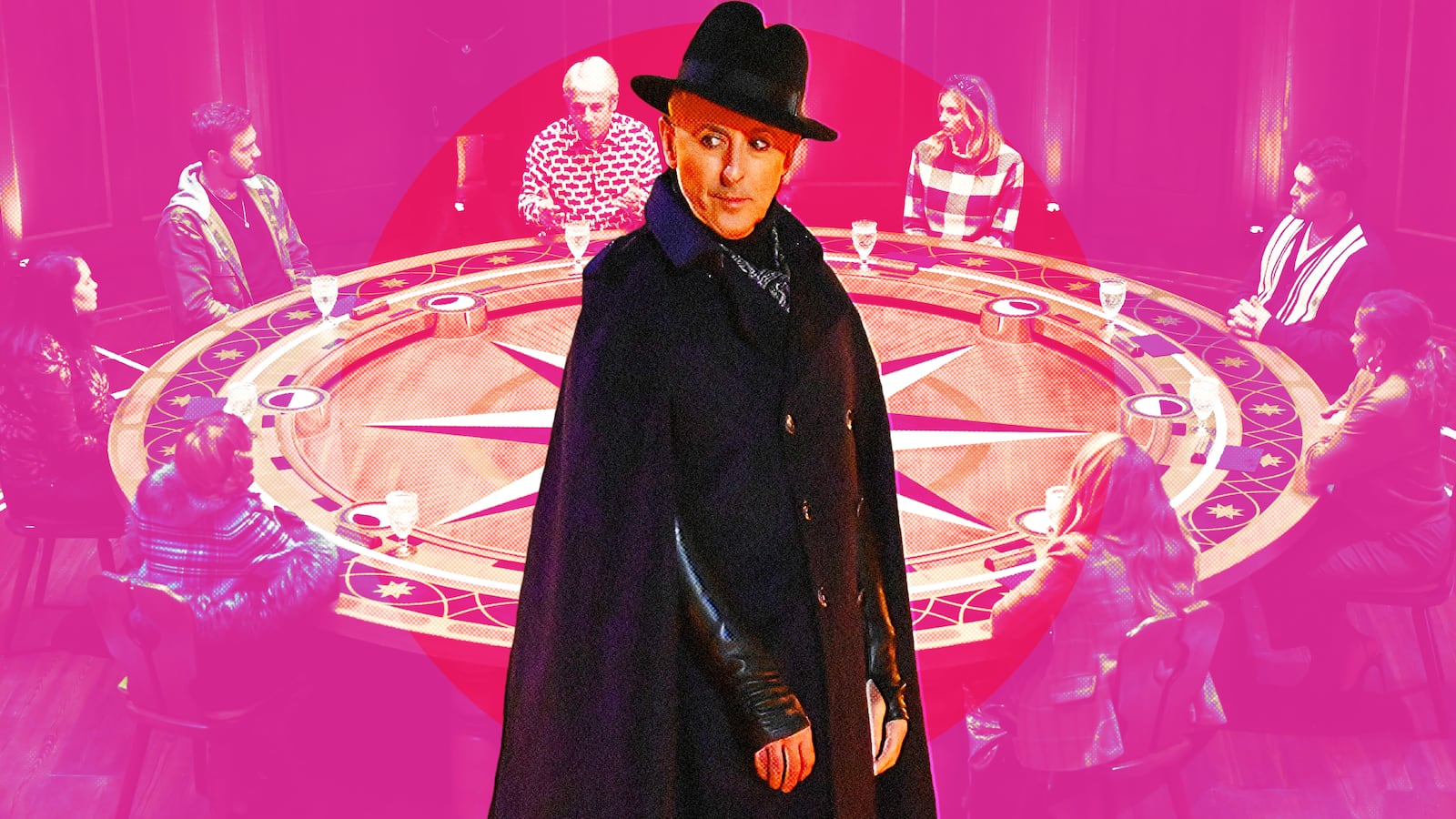 Photo illustration of Alan Cumming and the cast of The Traitors