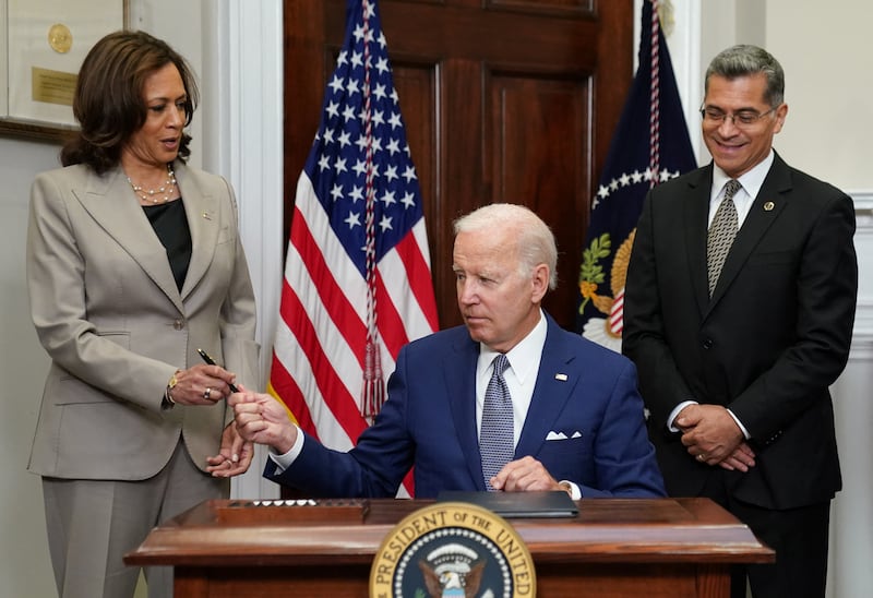 Xavier Becerra, right, was President Joe Biden’s Health and Human Services secretary for the length of his term.
