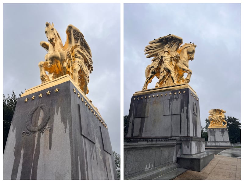 The last of Trump’s “Arts of War & Peace” statues has been unveiled in its 24-karat gold glory. This one is “Music & Harvest”.